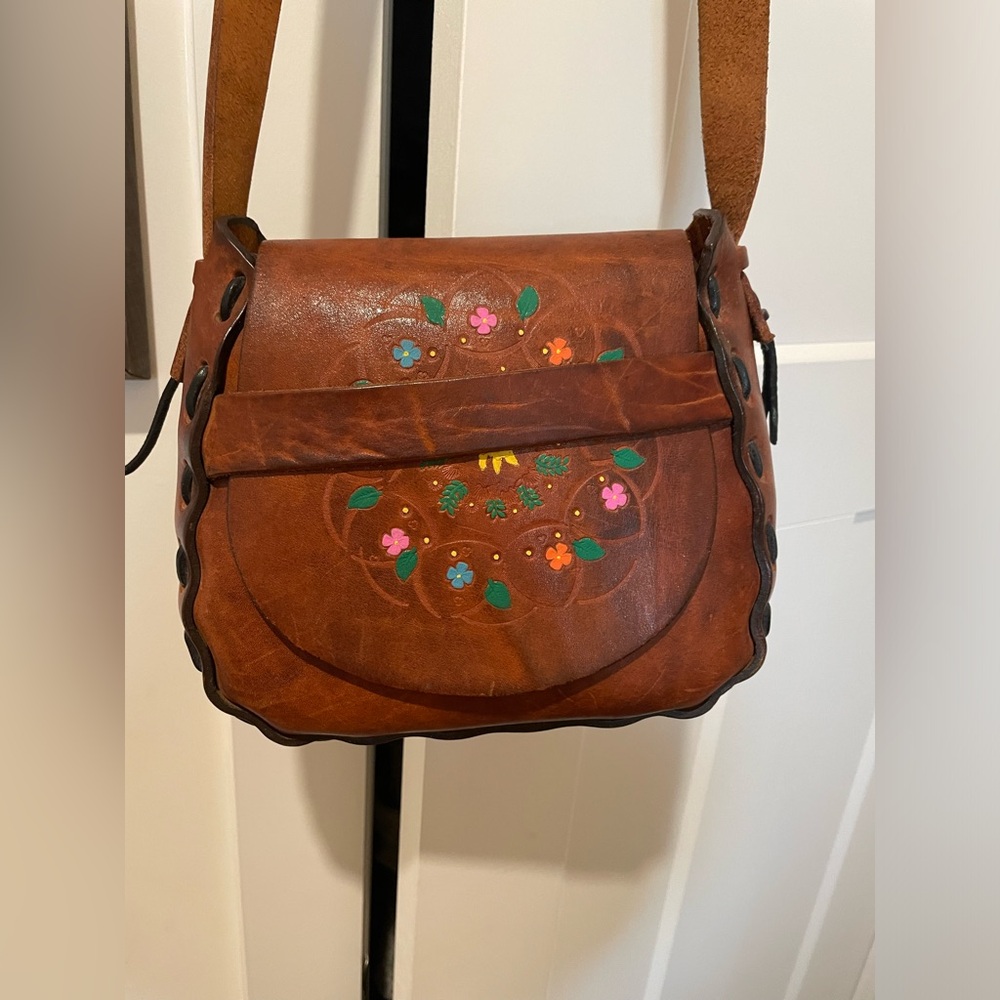 Vintage folk boho hippie leather handmade floral painted tooled crossbody bag